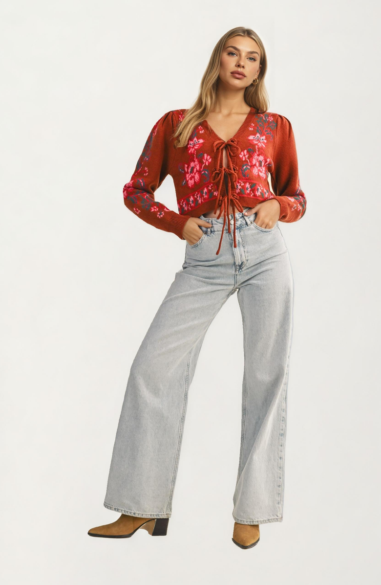 Knit and Lounge Floral Knit Tie Front Cardigan, Alternate, color, Rust / Pink Floral