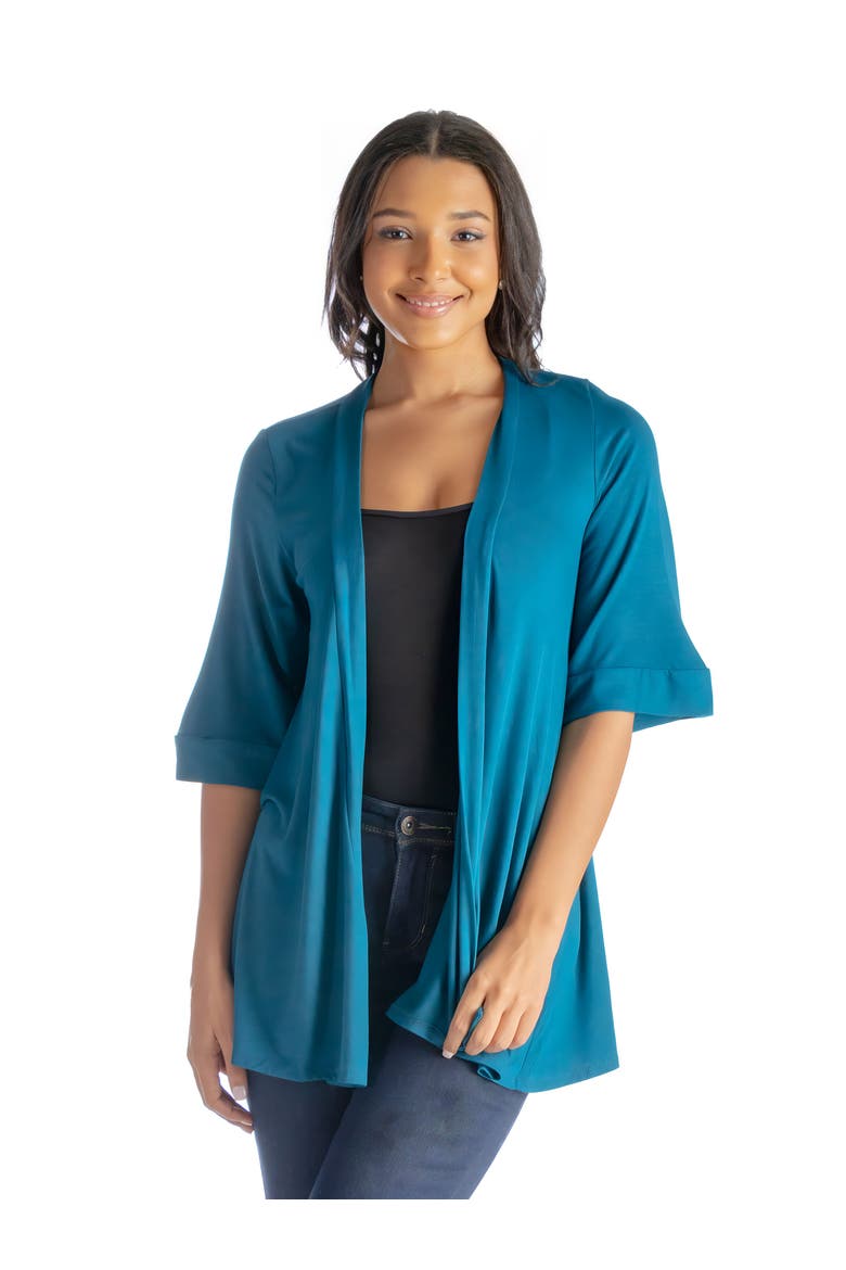 Open Front Elbow Length Sleeve Cardigan, Main, color, Teal