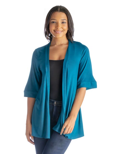 Open Front Elbow Length Sleeve Cardigan