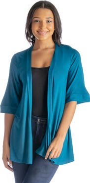 24seven Comfort Apparel Open Front Elbow Length Sleeve Cardigan