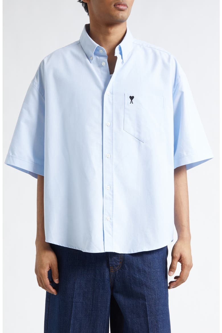 Ami de Coeur Embroidered Boxy Cotton Poplin Button-Up Shirt, Main, color, BLEU CIEL