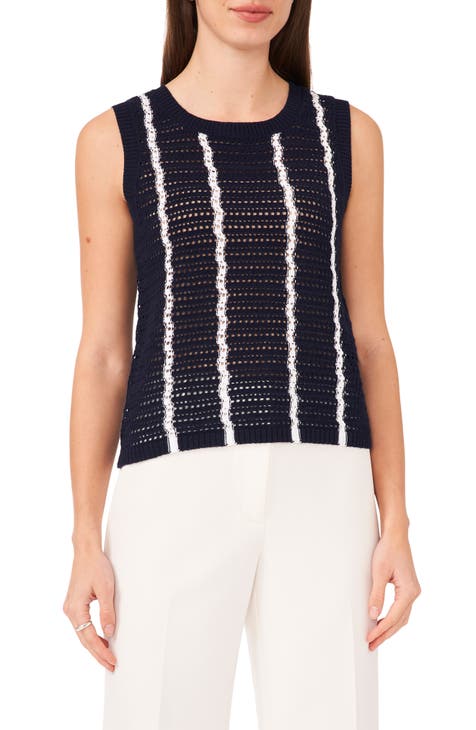 Stripe Pointelle Crewneck Sleeveless Sweater