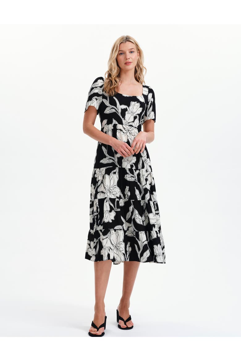 Teresa Floral Print Tiered Midi Dress, Alternate, color, Black Floral