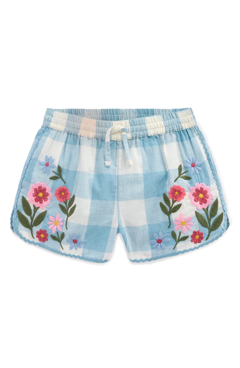 Mini Boden Kids' Embroidered Cotton Shorts, Main, color, Blue Gingham