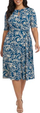 London Times Floral Elbow Sleeve Side Tie Fit & Flare Midi Dress