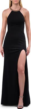 La Femme Evening Dress with Gold Beaded High Neckline
