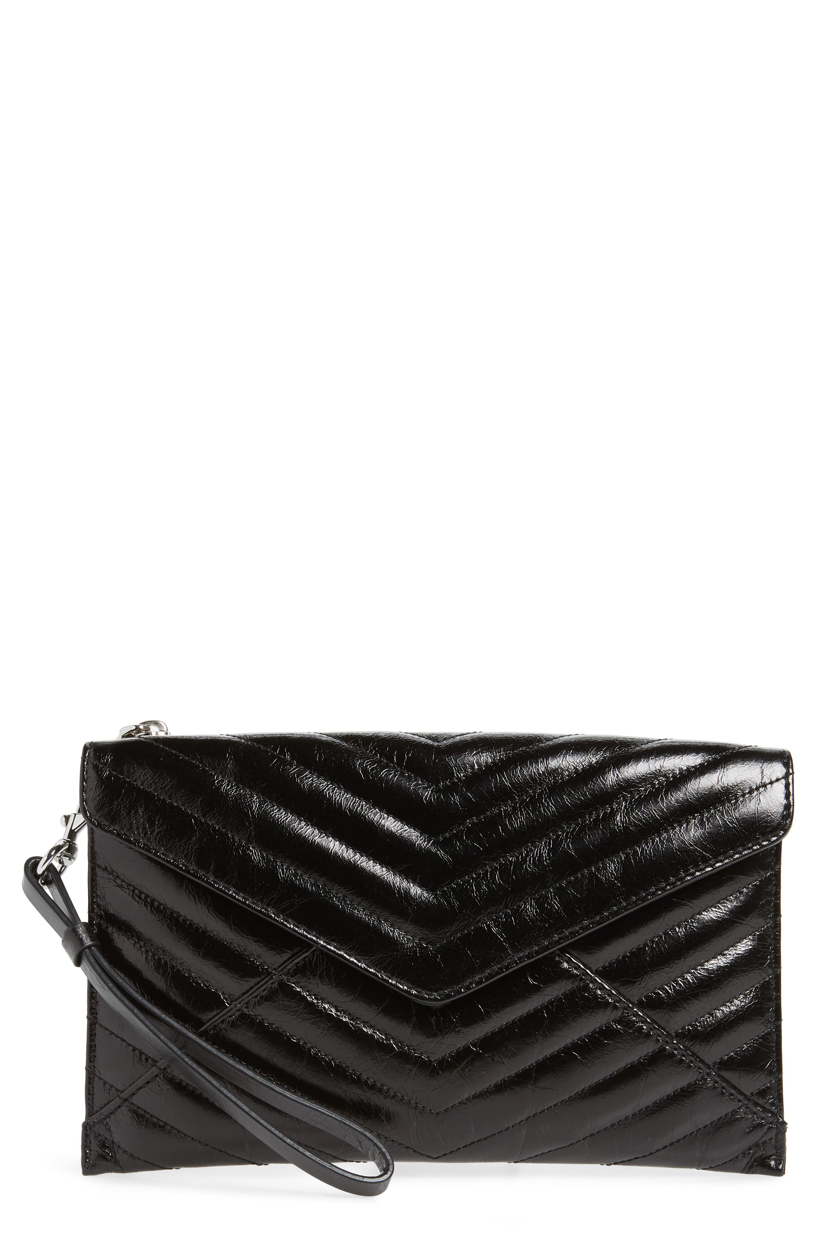 Leo Quilted Leather Clutch, Main, color, BLACK