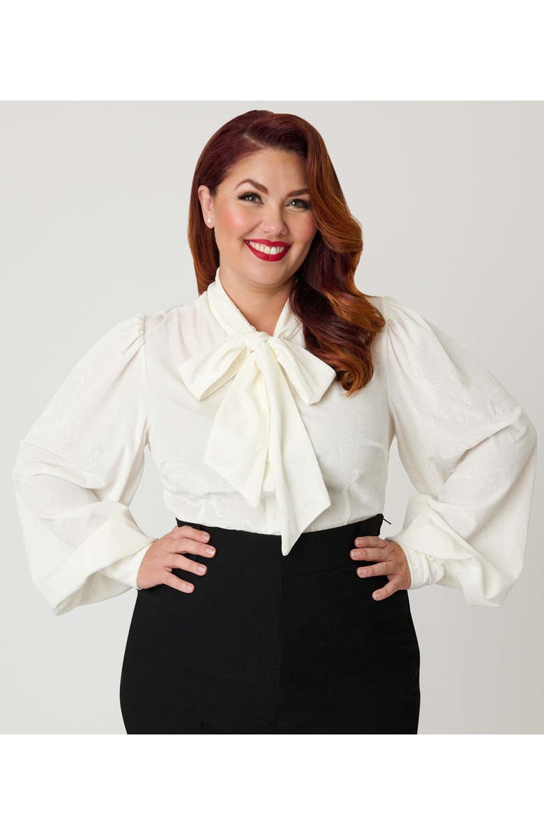 Unique Vintage Plus Size Long Sleeve Neck Tie Gwen Blouse, Main, color, Ivory