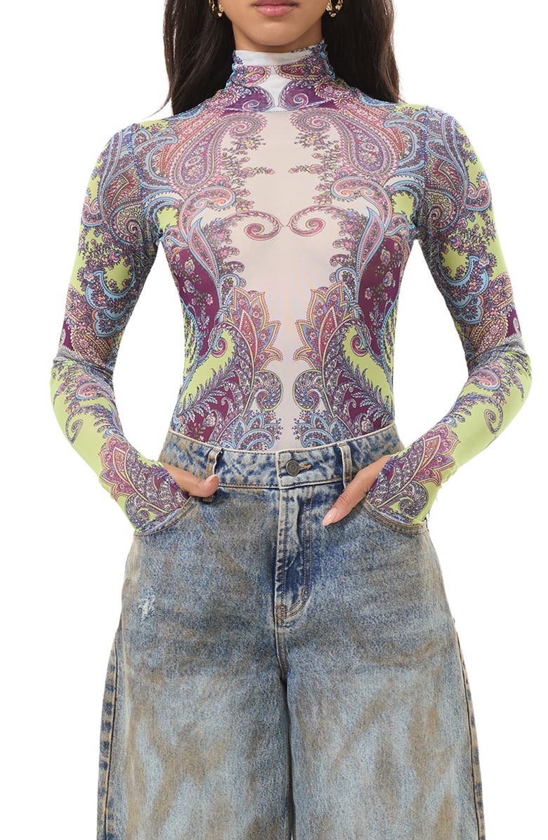 AFRM Zadie Turtleneck Printed Mesh Top, Main, color, Citrus Paisley