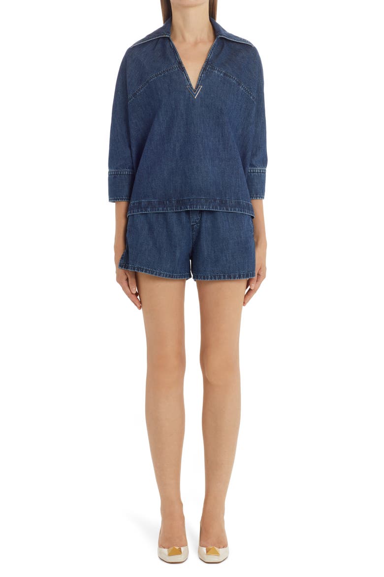 Valentino V Logo Cotton Chambray Shorts, Alternate, color, MEDIUM BLUE DENIM 558