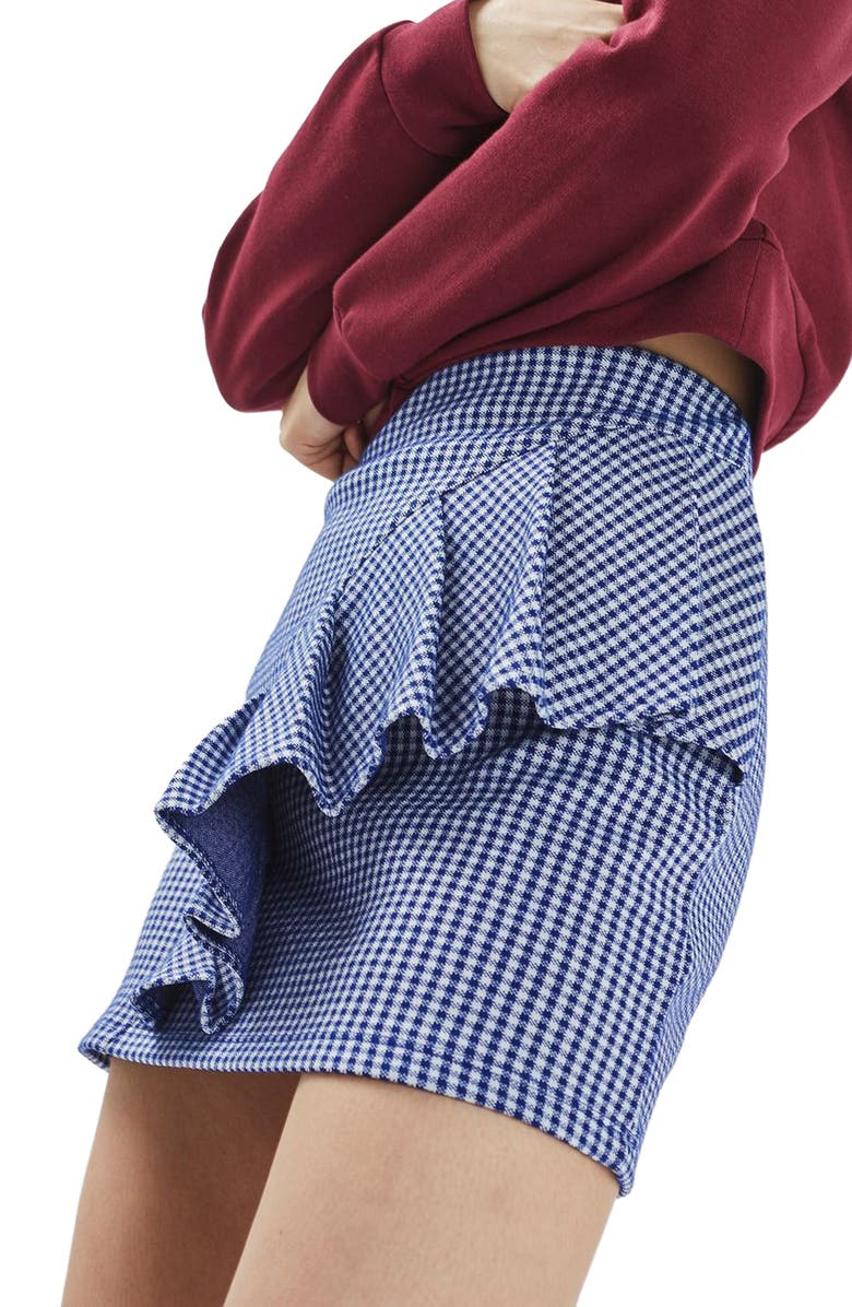 Topshop Gingham Ruffle Miniskirt, Alternate, color, 