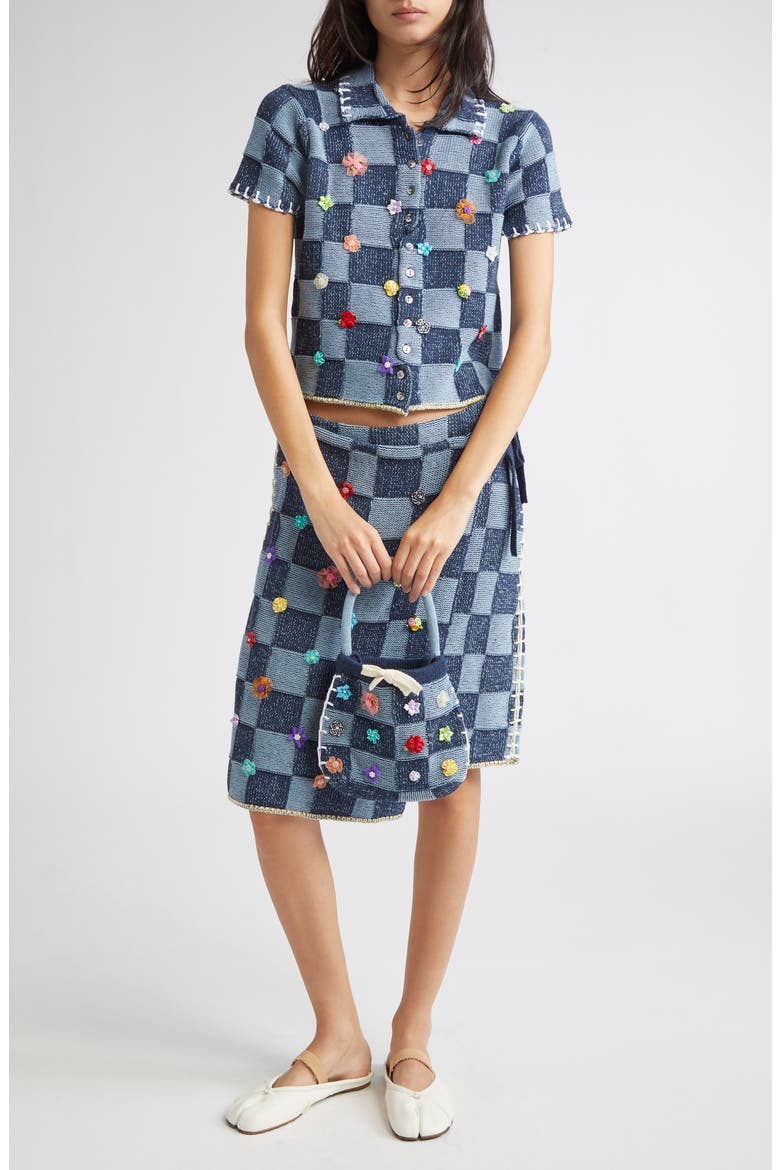 Floral Ribbon Checkerboard Cardigan, Alternate, color, DENIM
