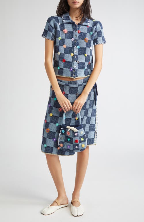 Yanyan Floral Ribbon Checkerboard Knit Wrap Skirt In Blue