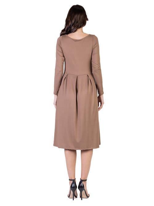 24seven Comfort Apparel Midi Length Fit N Flare Pocket Dress In Beige