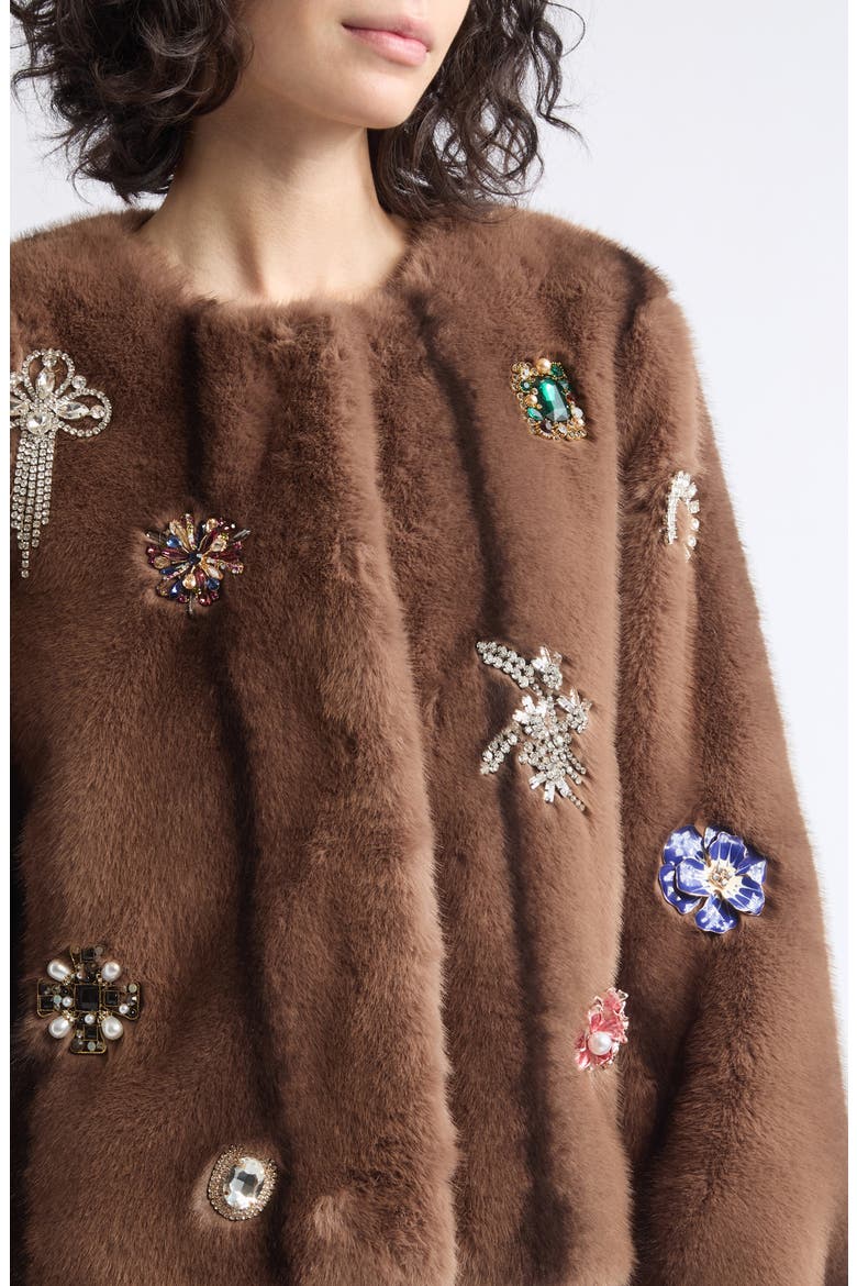 Benson Jewel Cluster Faux Fur Coat, Alternate, color, TAUPE