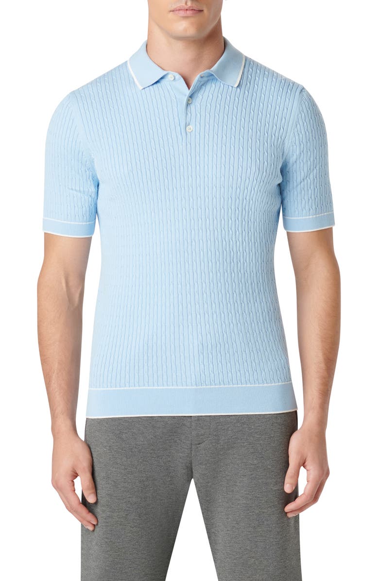 Bugatchi Tipped Rib Cable Stitch Polo Sweater, Main, color, Sky