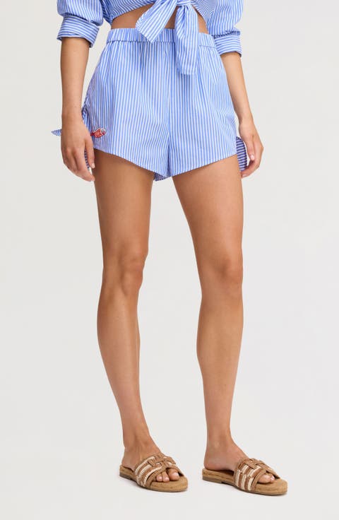 Embroidered Sequin Stripe Cotton Poplin Shorts