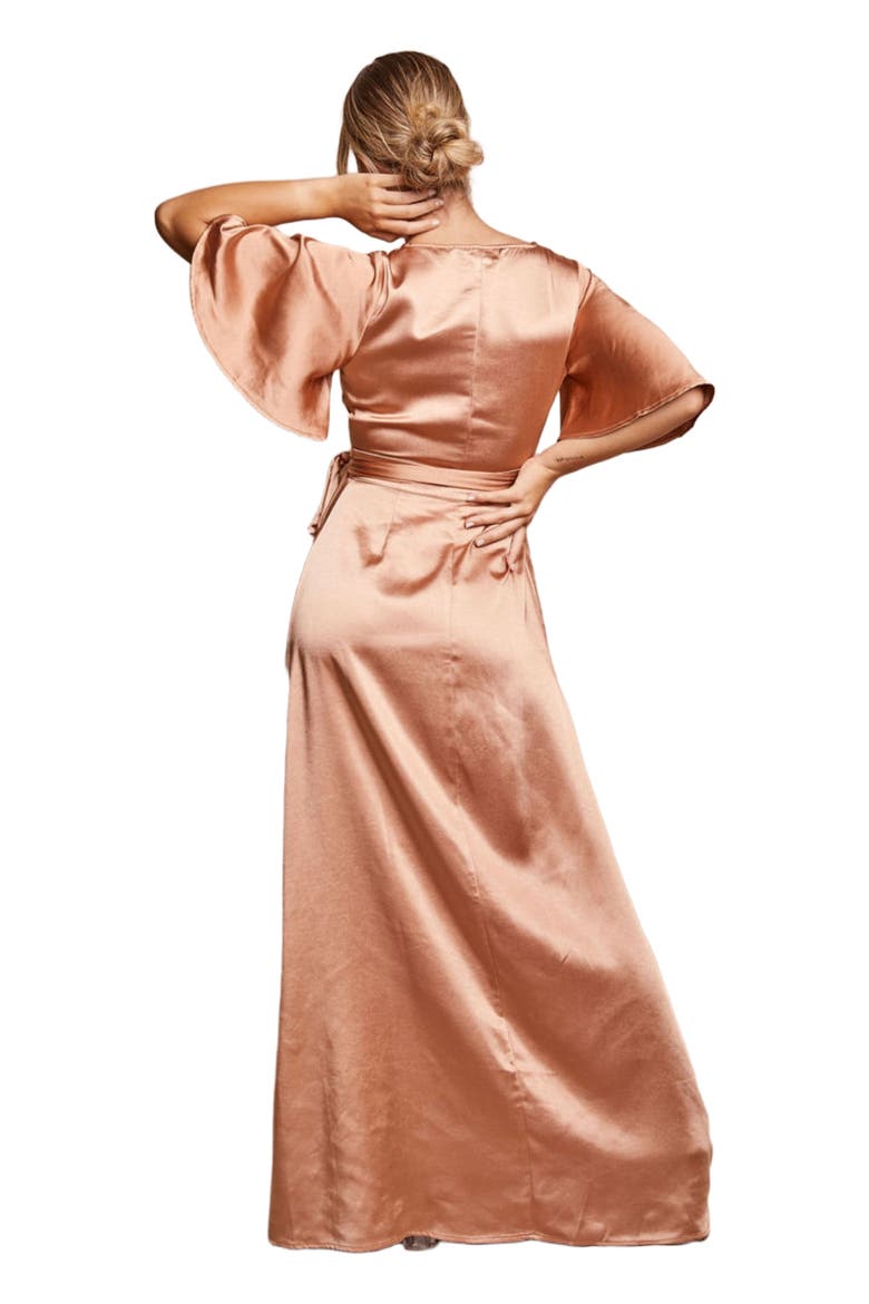 Wrap Tie Satin Bridesmaid Dress, Alternate, color, Burnt Peach