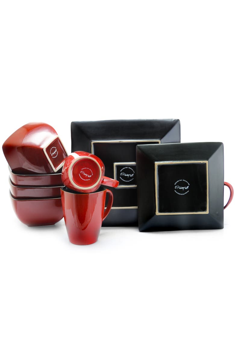 Elama Harland Loft 16 Piece Modern Premium Stoneware set with Complete Setting for 4, Alternate, color, Red