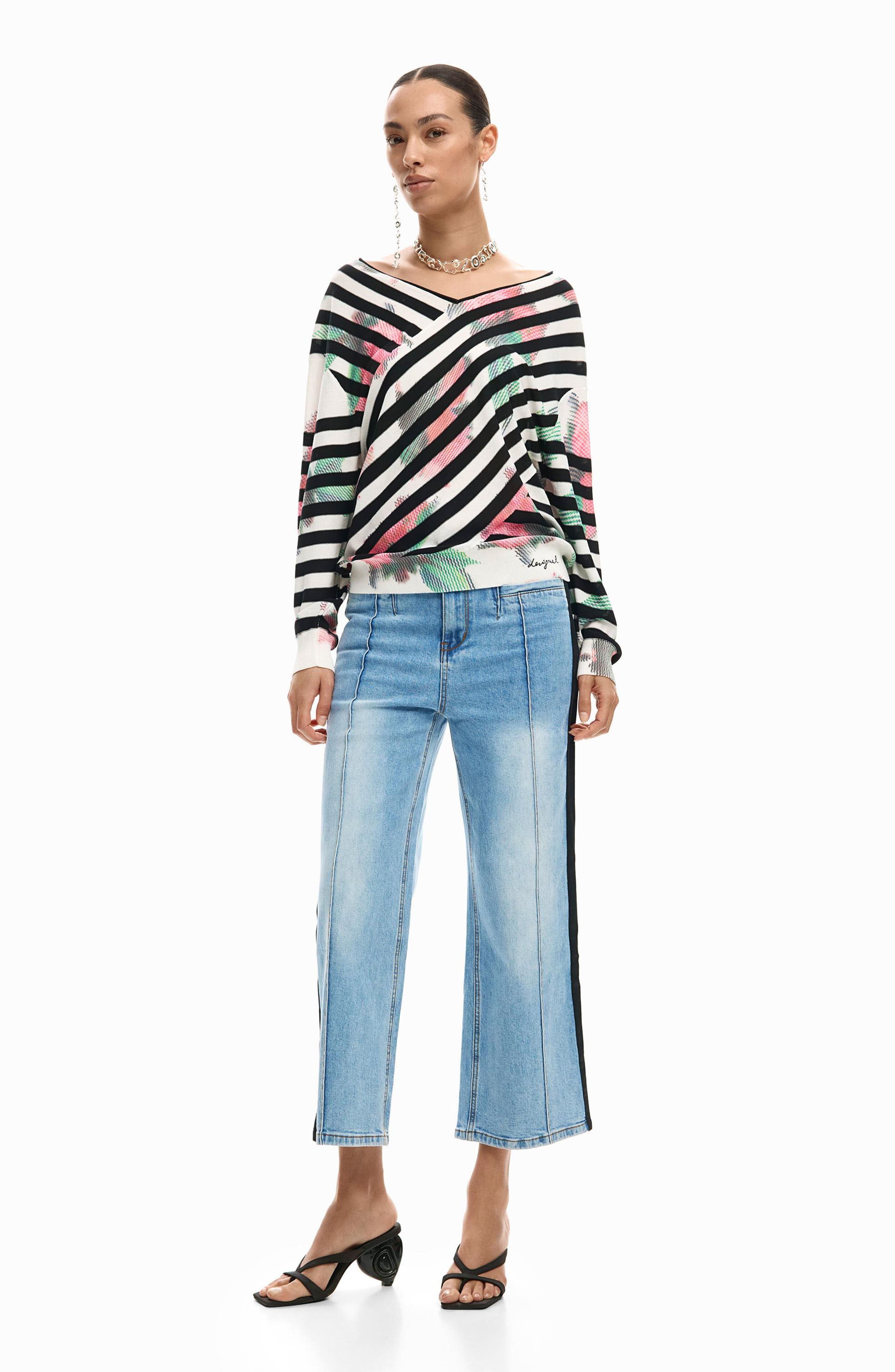 Stripe Fine Gauge Surplice Neck Sweater - image 2