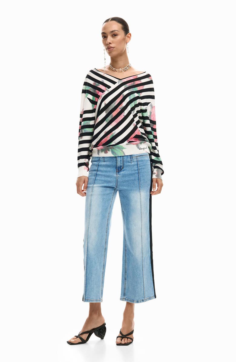 Desigual Stripe Fine Gauge Surplice Neck Sweater, Alternate, color, 