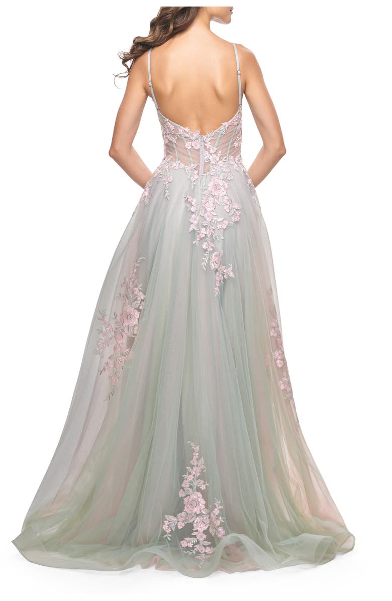 La Femme A-Line Tulle Prom Dress with Scattered Lace Applique, Alternate, color, Sage