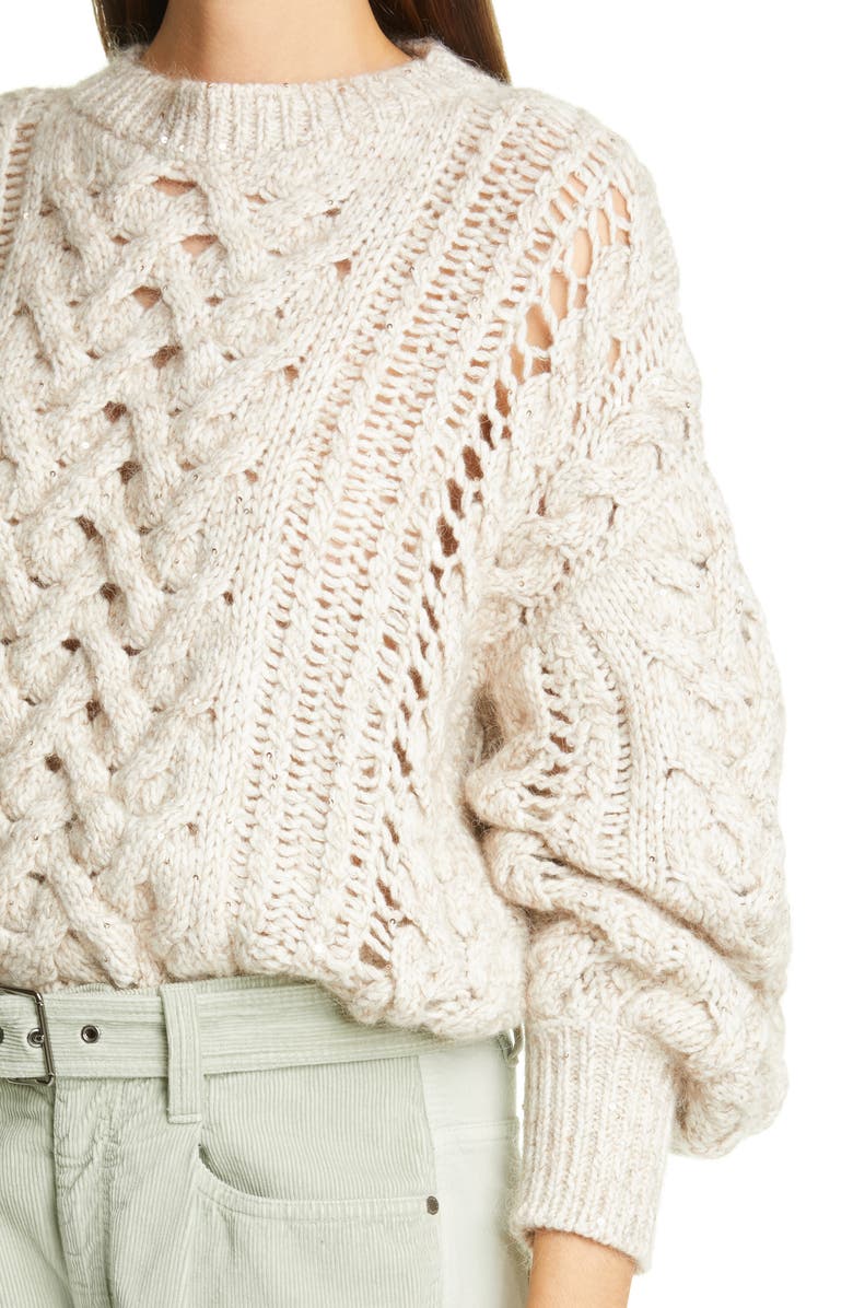 Brunello Cucinelli Embellished Cable Knit Cashmere Blend Sweater, Alternate, color, 