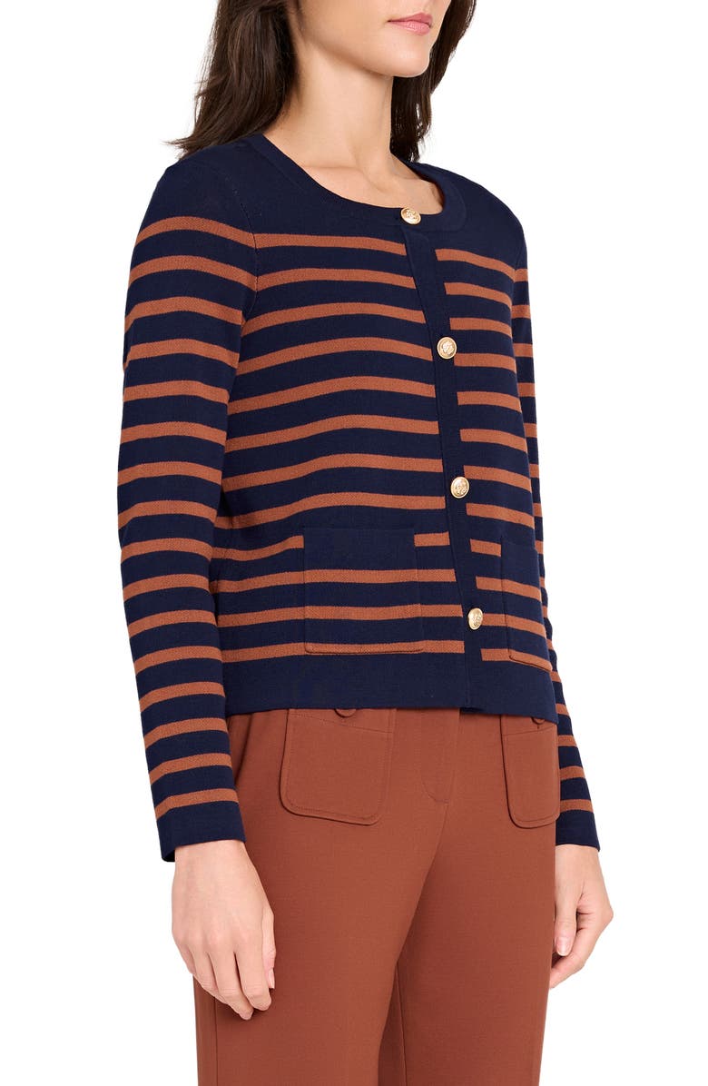 Tahari ASL Stripe Cardigan, Alternate, color, Navy/ Tawny