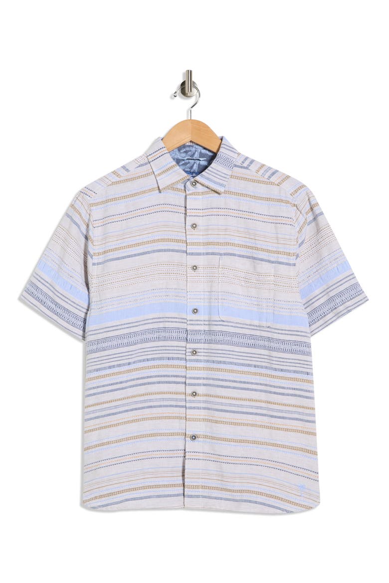 Santa Marta Stripe Short Sleeve Cotton & Linen Blend Button-Up Shirt, Alternate, color, COCONUT