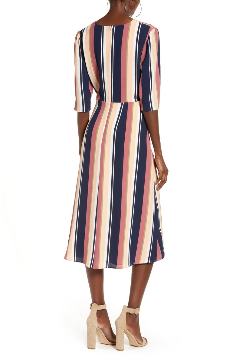 Deep V-Neck Stripe Midi Dress, Alternate, color, NAVY PEACOAT BOLD STRIPE