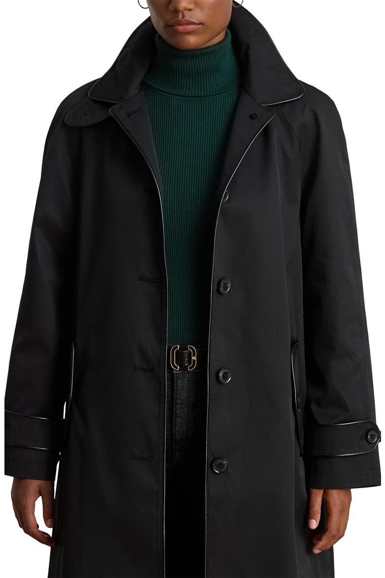 Balmacaan Single Breasted Raincoat with Faux Leather Trim, Alternate, color, BLACK