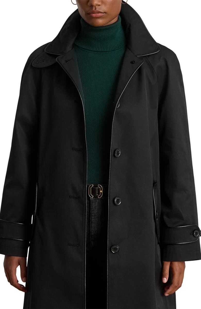 Lauren Ralph Lauren Balmacaan Single Breasted Raincoat with Faux Leather Trim, Alternate, color,