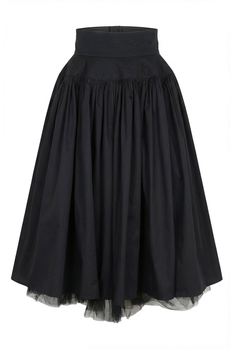 High Waist Midi Skirt with Tulle Hem, Alternate, color, Black