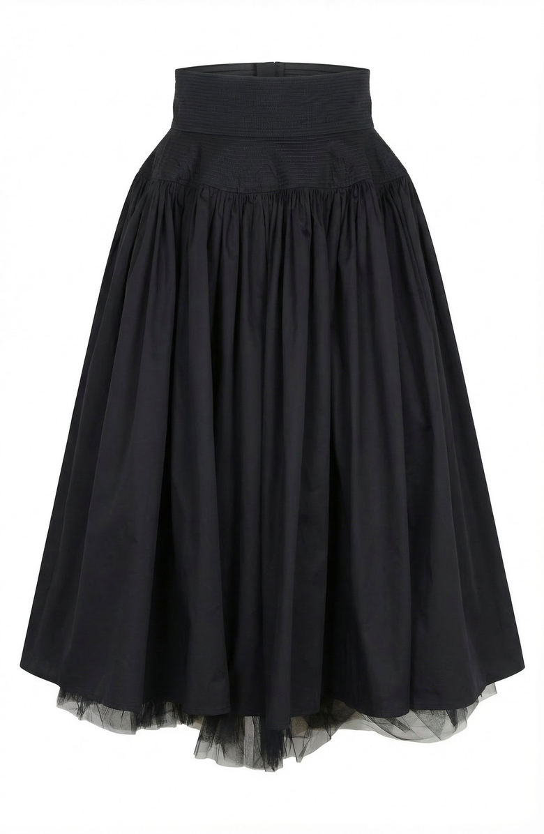 Modenaire High Waist Midi Skirt with Tulle Hem, Alternate, color, Black