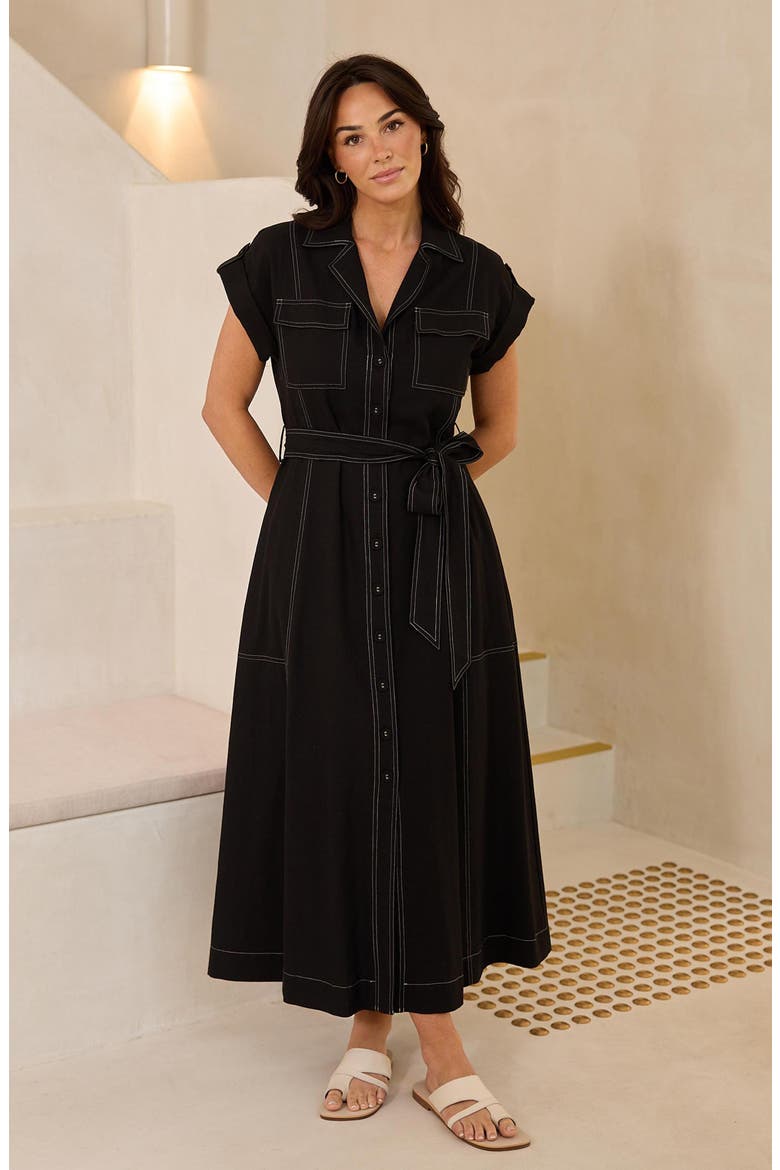 Portia Cotton & Linen Blend Maxi Shirtress, Alternate, color, BLACK