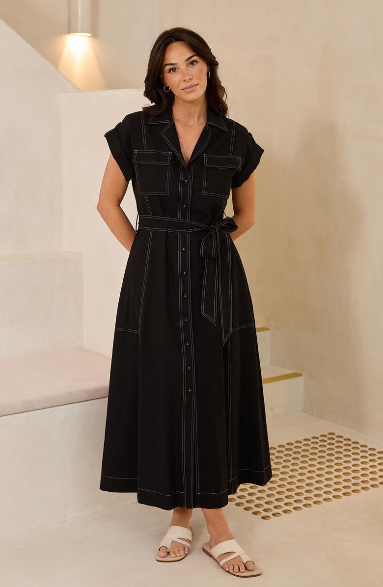 Brave+True Portia Cotton & Linen Blend Maxi Shirtress, Alternate, color, Black