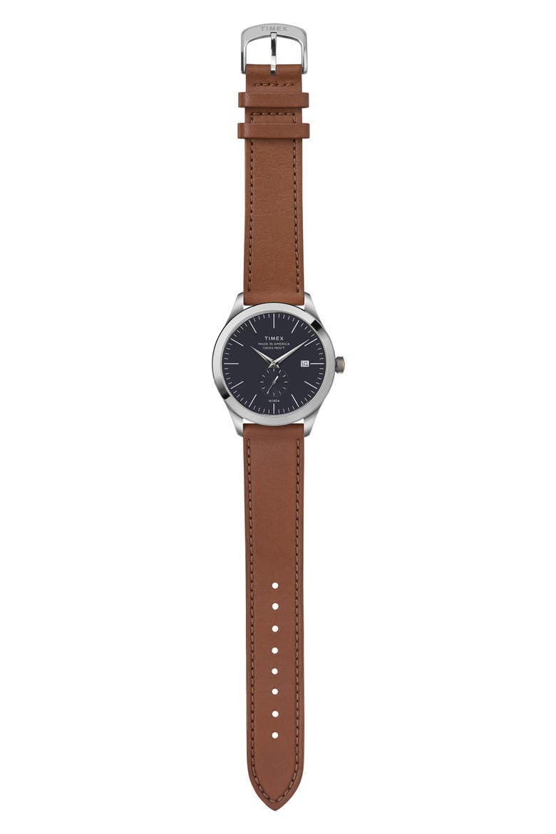 American Documentation Leather Strap Watch, 41mm, Alternate, color, TAN/ NAVY/ SILVER