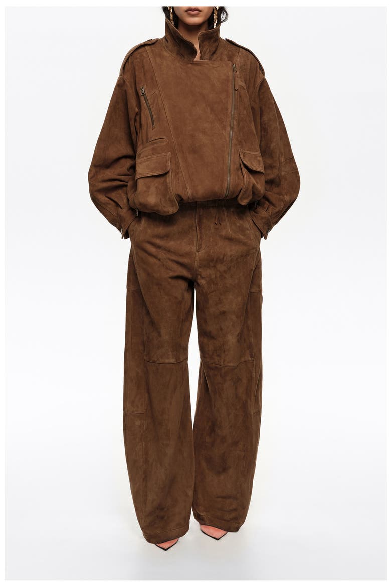 Suede Barrel Trousers, Main, color, DARK OLIVE