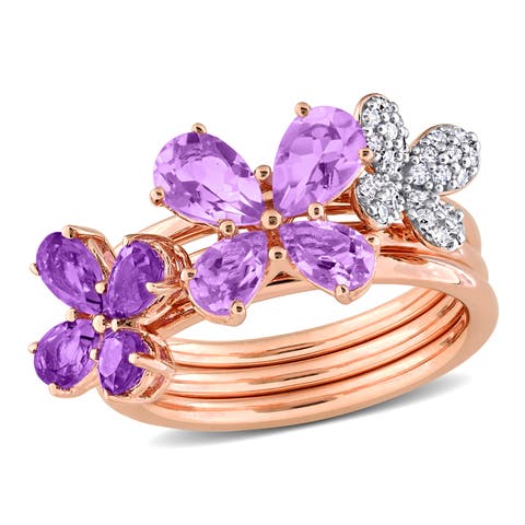 Amethyst 
Diamond Floral 3-Piece Ring Set