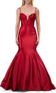 La Femme Satin Mermaid Prom Gown with Corset Top