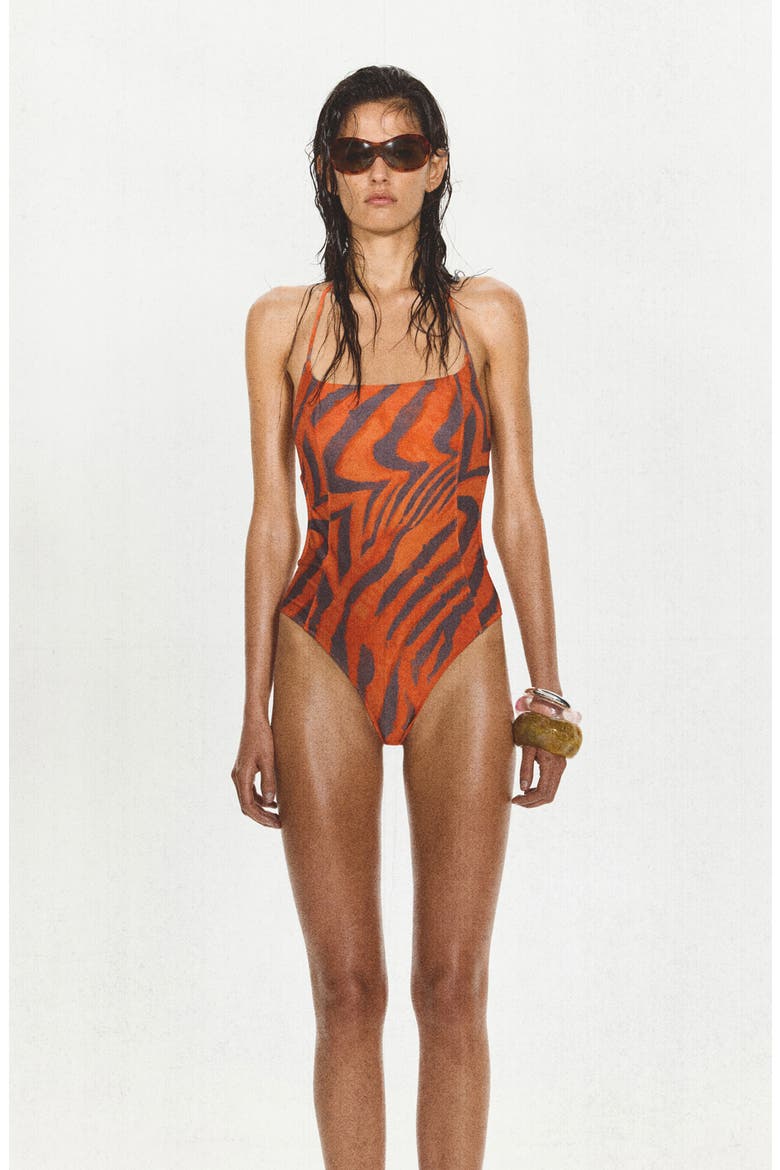 Animal Print Halter One-Piece Swimsuit, Alternate, color, ORANGE