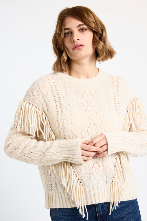 Brodie Pure Cashmere Cable Fringed Crew Neck Jumper In White