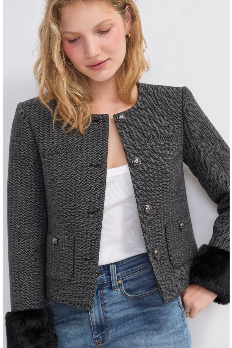 Herringbone Jacket with Faux Fur Cuffs, Alternate, color, BLACK MULTI