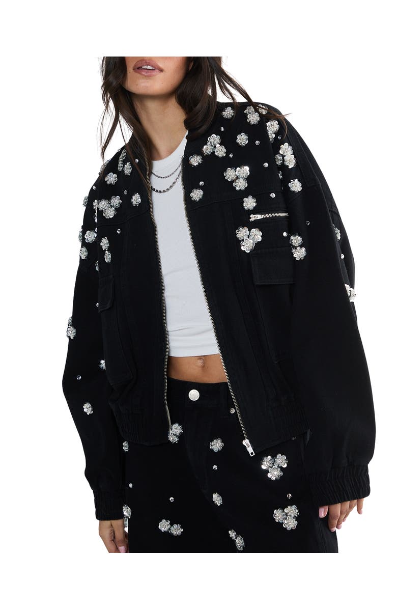 NASTY GAL Embellished Flower Applique Jacket, Alternate, color, Washed Black