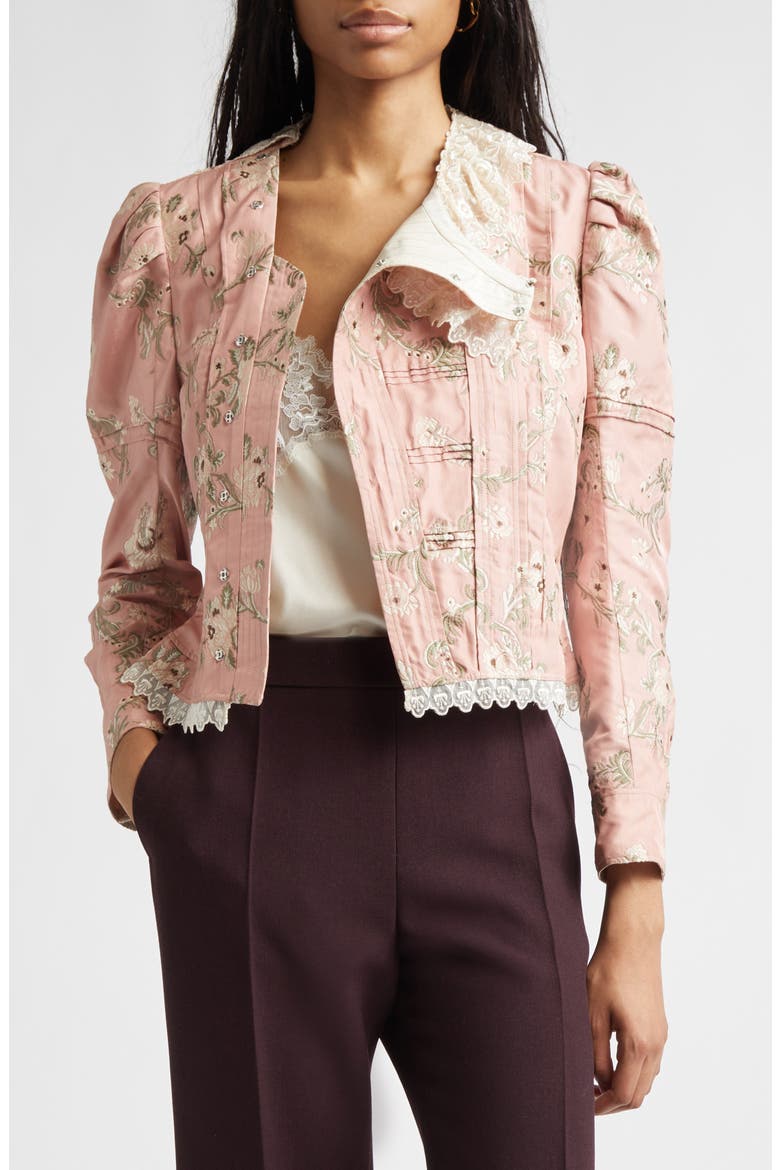 Lace Trim Taffeta Fitted Jacket, Main, color, 6L6 TAN ROSE