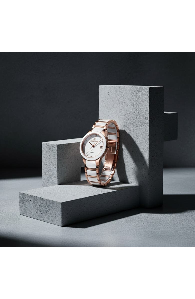 NCMPRBL Petite Link Butterscotch Quartz Movement Ceramic Bracelet Watch, 34MM, Alternate, color, White Brilliant, Rose Gold