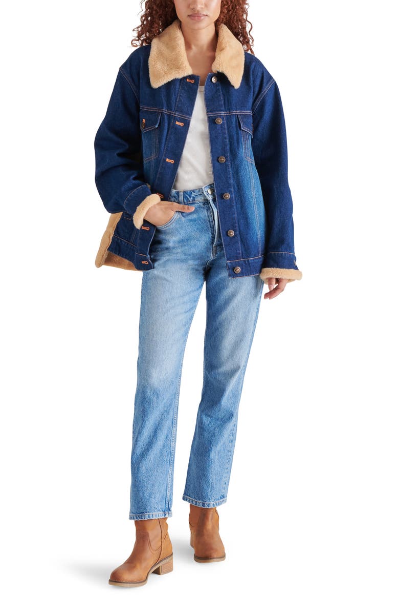 Steve Madden Winona Oversize Faux Fur Denim Jacket, Alternate, color, 