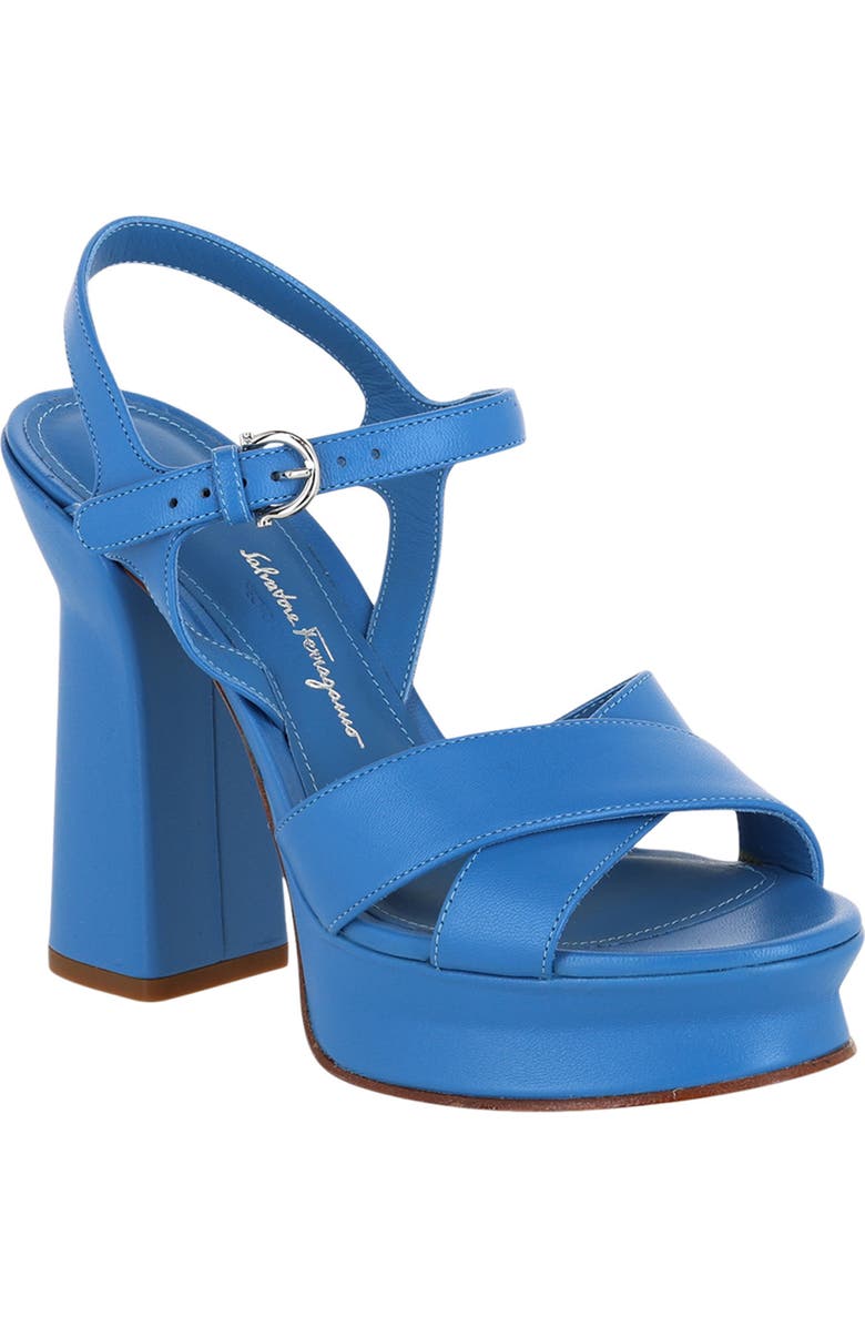FERRAGAMO Platform Ankle Strap Leather Sandal, Main, color, Blue