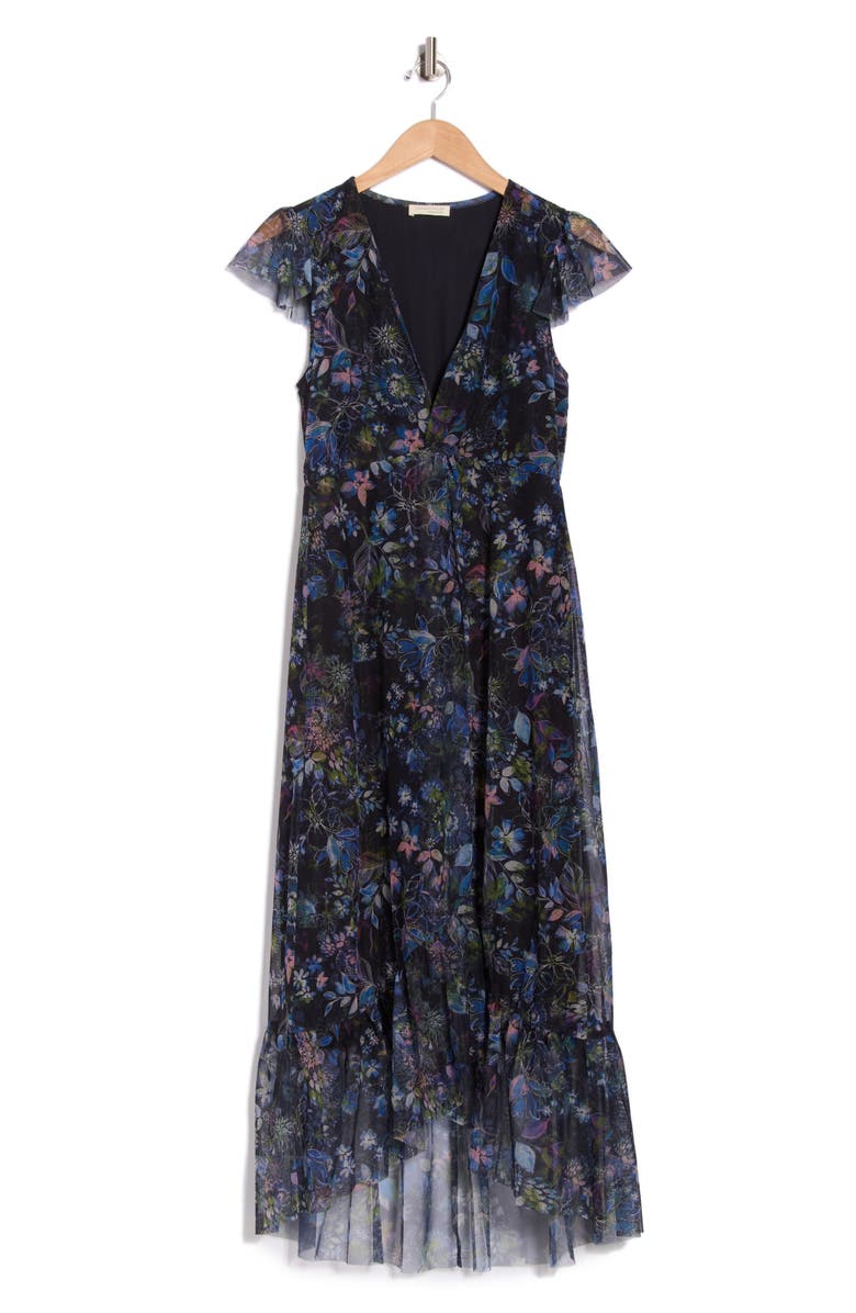 Lovestitch Floral Cap Sleeve Empire Waist High-Low Midi Dress, Alternate, color, Black/ Dusty Pink