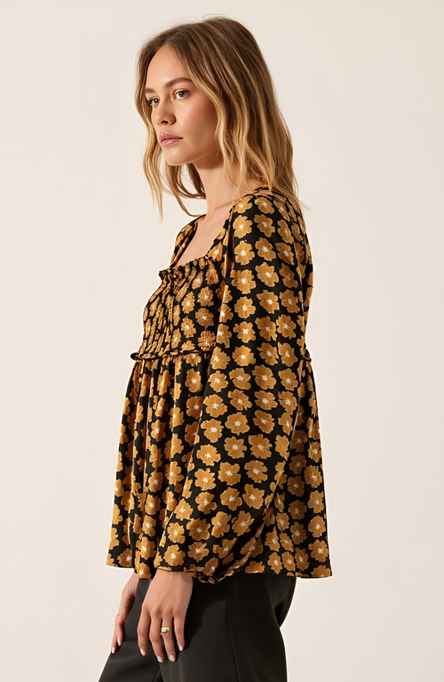 Modenaire Floral Print Smocked Bodice Long Sleeve Top With Square Neckline In Brown